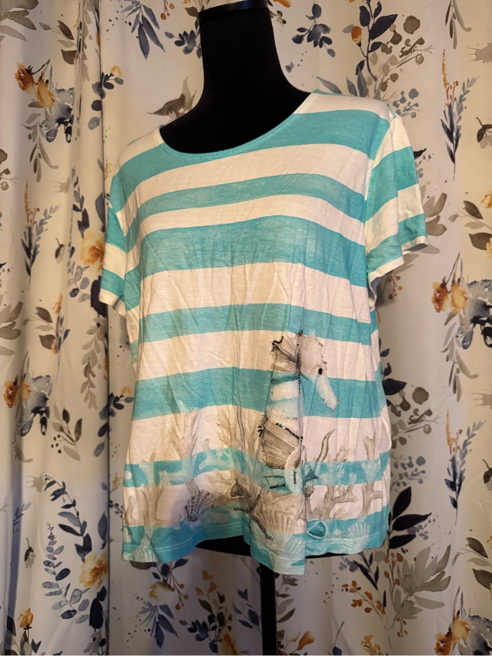Lightweight Aqua & White Striped Women’s Tee Weekends By Chicos Size 3 B9